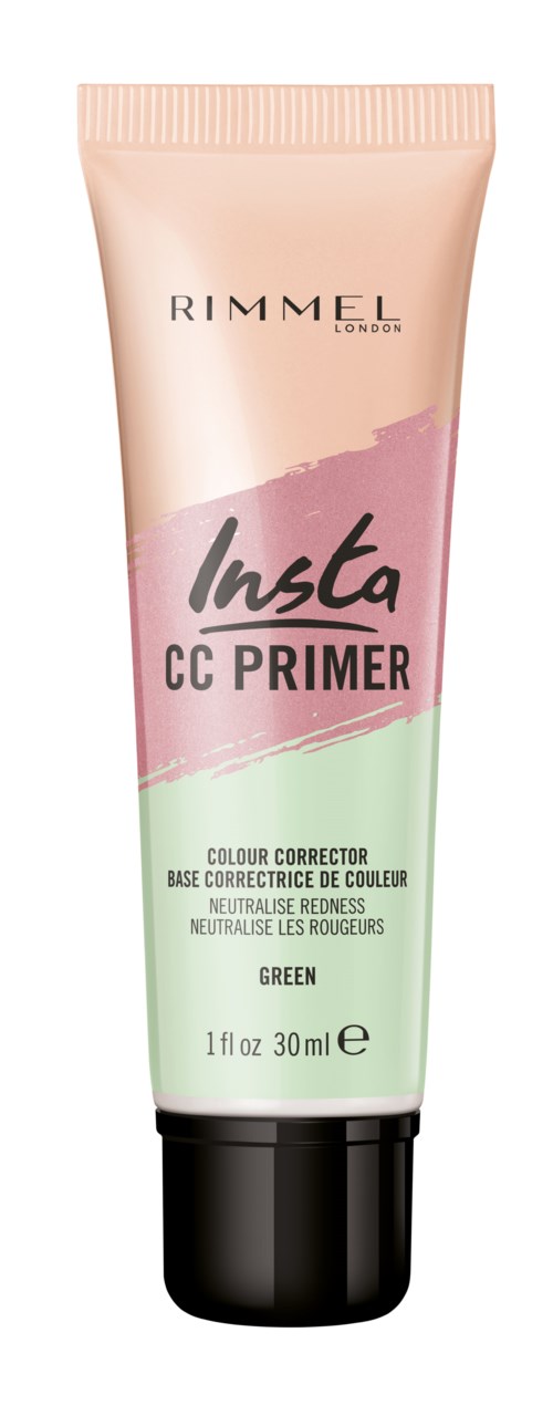 A pastel-colored tube labeled Rimmel Insta CC Primer, green shade, for color correction and redness neutralization.
