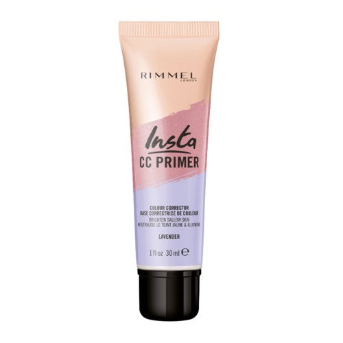 A Rimmel London BB cream tube labeled 'Insta CC Primer' with lavender scent, 30 ml size, pink and purple packaging.
