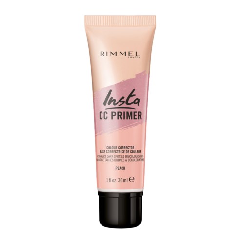 A pink tube of Rimmel Insta CC Primer, labeled as peach color correction for dark spots and dullness.
