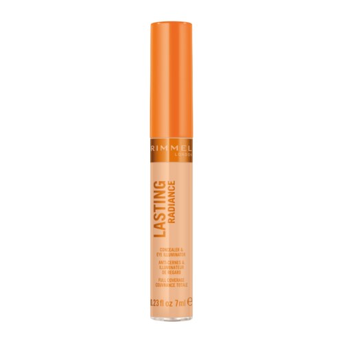 Ein Rimmel London Concealer-Stift mit orangefarbener Kappe und hellbeigem Körper, beschriftet 'Lasting Radiance'.