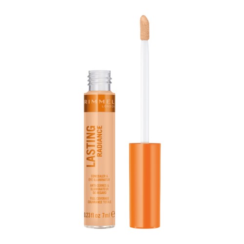 Lippenstiftgebrauch mit orangefarbenem Deckel und Applikator, etiketti "Lasting Radiance," in einfacher Gestaltung.