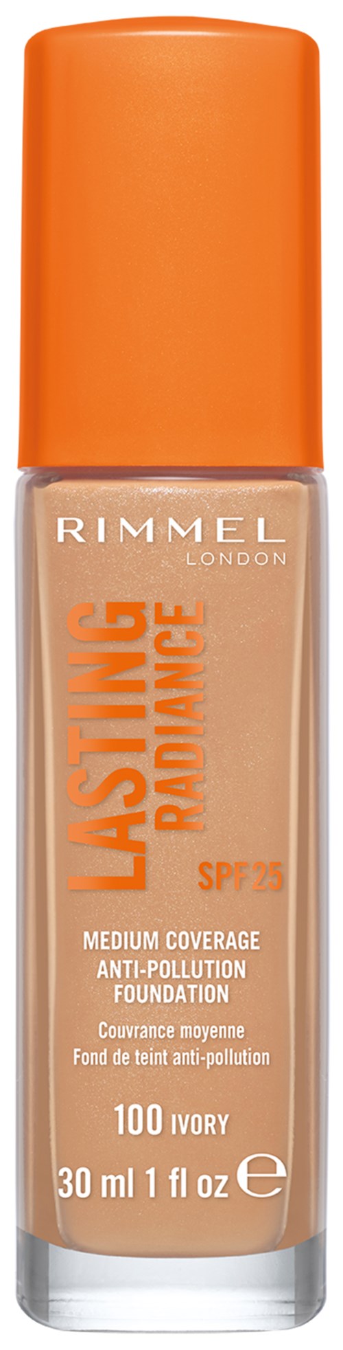Eine Foundationflasche mit orangefarbenem Deckel und hellbeiger Farbe, gekennzeichnet 'Rimmel London Lasting Radiance SPF 25,' für mittlere Deckkraft.