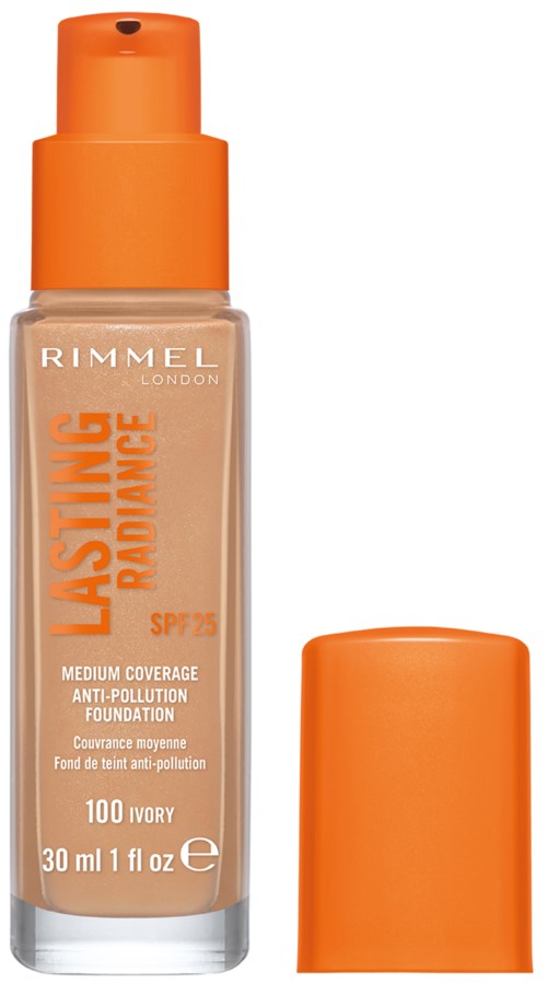 Ein Make-up-Flasche mit orangefarbener Kappe, beige Flüssigkeit und Text für Rimmel London Anti-Pollution Foundation.