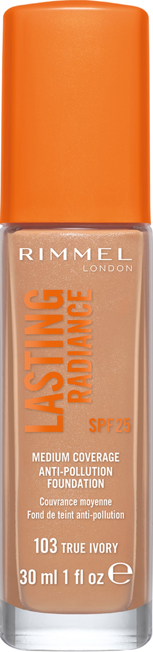 Butelka podkładu Rimmel Lasting Radiance w odcieniu 103 True Ivory z pomarańczową nakrętką i średnim kryciem.
