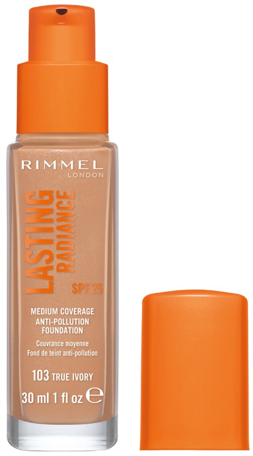 Butelka podkładu z pompką i pomarańczową nakrętką, oznaczona "Lasting Radiance" i SPF 25, odcień 103 True Ivory.