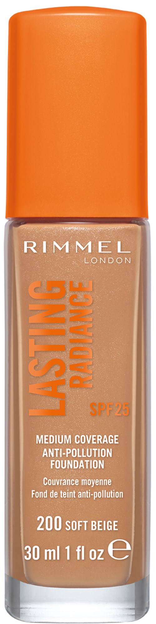Butelka podkładu Rimmel Lasting Finish w odcieniu soft beige z pomarańczowym kapslem.