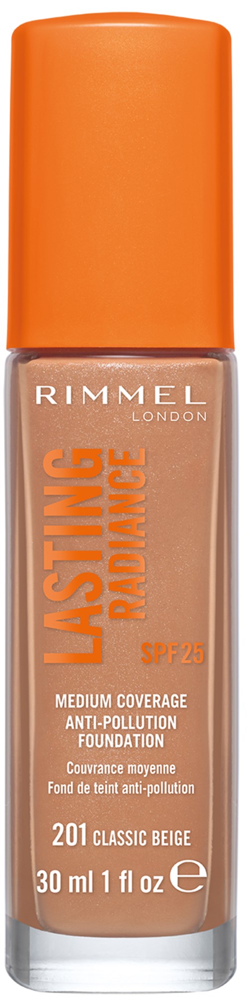 Eine Flasche Rimmel Lasting Mousse Foundation in Farbton 201 Classic Beige mit orangefarbenem Deckel.