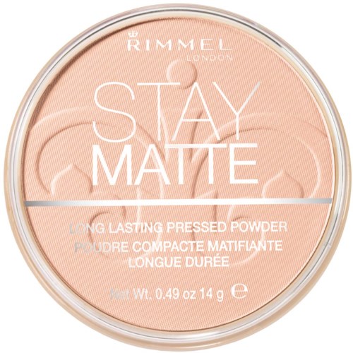 Kuutio Rimmel London Stay Matte -puuttera, vaaleanpunainen ja valkoinen teksti.