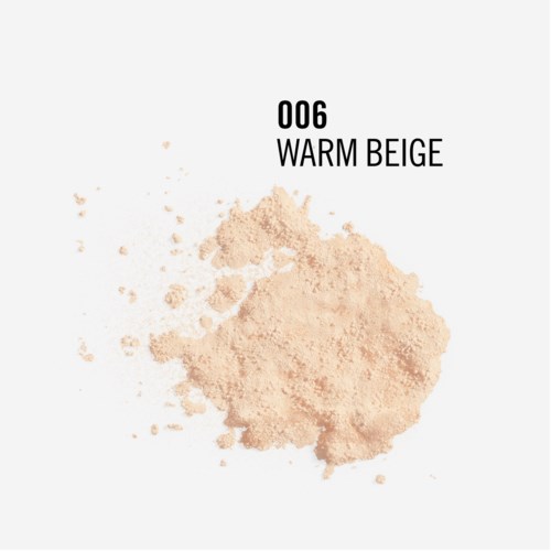 Ett beige pulver med texten "006 WARM BEIGE" ovanför, på en vit bakgrund.