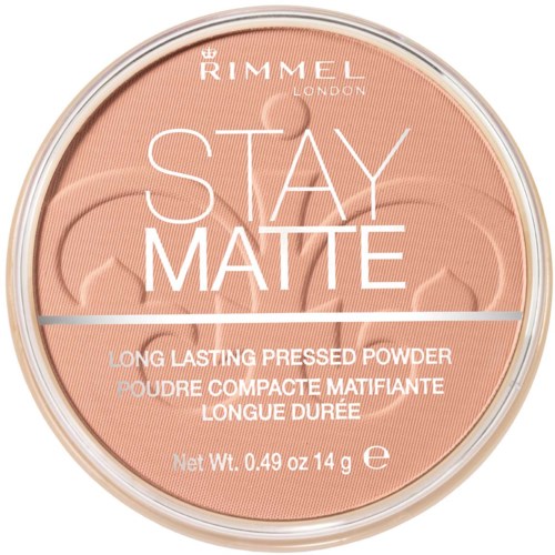 Rimmel Stay Matte -puuteri sisältää vaalean sävyä, valkoinen teksti ja yksinkertainen muotoilu.