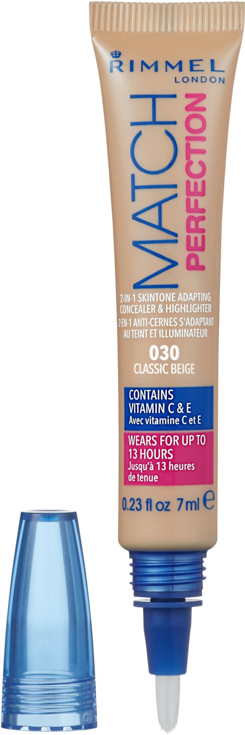 En tube med Rimmel Match Perfection concealer med blå hette og spiss for påføring.