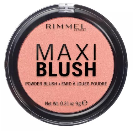 En rund förpackning av Rimmel London Maxi Blush, rosa puderrouge, nettovikt 0,31 ounce, med svart lock.