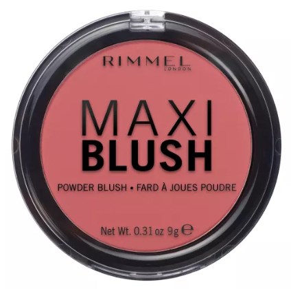 Ett runt förpackning av Rimmel Maxi Blush, rosa färg, med svart lock, märkt som puderrouge, 9 gram netto vikt.