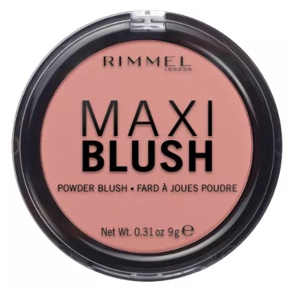 Rosa Puderrouge in einer runden Dose mit der Aufschrift Rimmel. Großes schwarzes Schrift sagt MAXI BLUSH. Es wiegt 9 Gramm.