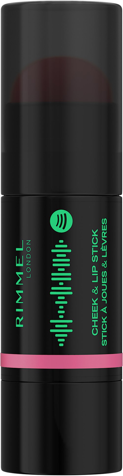 Musta huulipuna, vihreällä ja vaaleanpunaisella merkinnällä ja aaltomaisella kuvioinnilla. Rimmel huulituote.