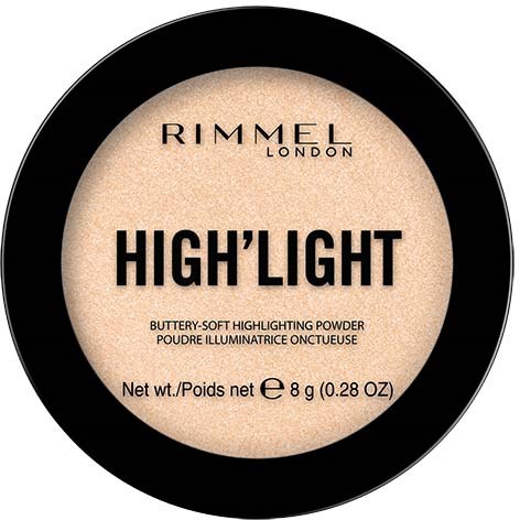 Okrągła etykieta z beżowym pudrem o nazwie 'High' Light' od Rimmel London na czarnym tle.