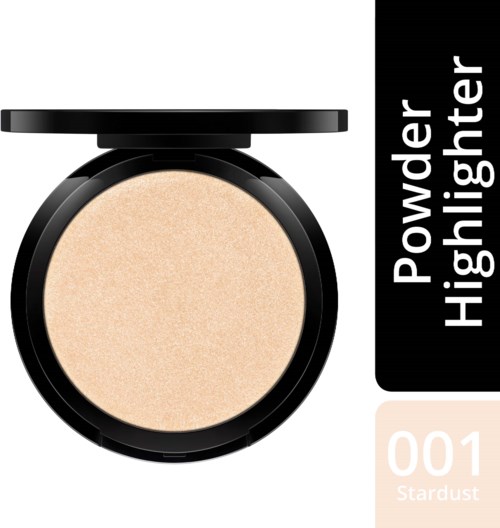 Okrągły beżowy puder w czarnym opakowaniu, oznaczony "Powder Highlighter" i "001 Stardust".