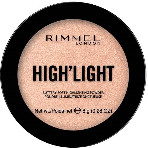 Een ronde make-up container van Rimmel London met highlighterpoeder, gemarkeerd als zacht en 8 gram.