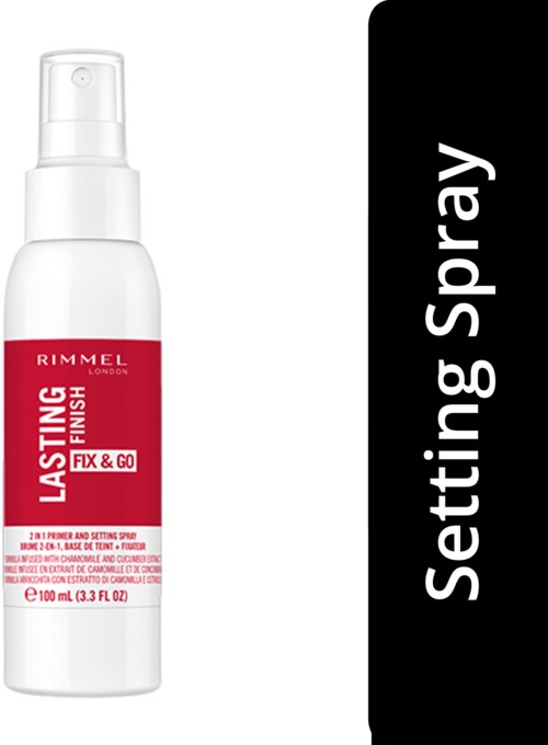 Eine weiße Sprühflasche mit 'Lasting Finish Fix & Go' von Rimmel, verwendet zum Fixieren von Make-up.
