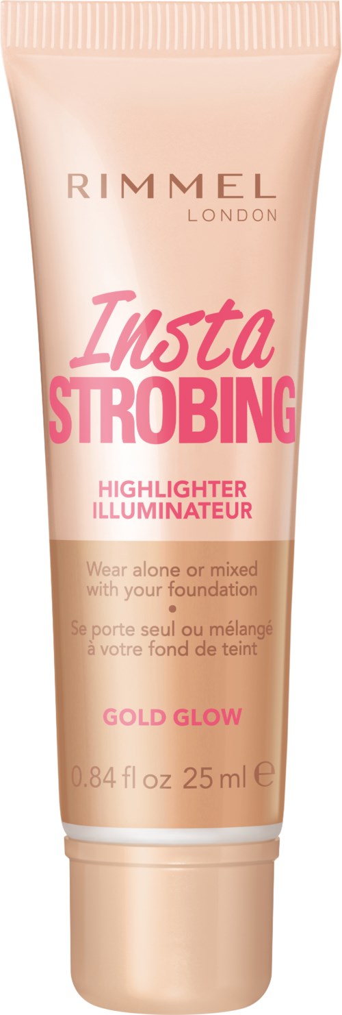En beige tube av Rimmel London highlighter kalt Insta Strobe med rosa og gull tekst.