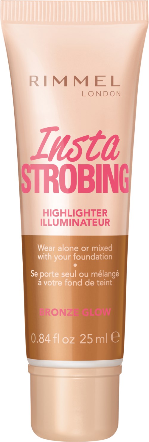 En beige tube fra Rimmel London Insta Strobing highlighter med rosa og brune tekst og gullhætte.