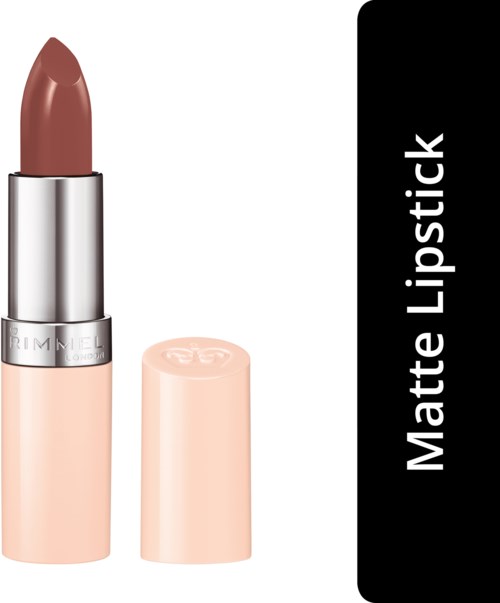 Matowe szminka w odcieniu nude, z odkręconym kapslem, pokazuje szminkę. Czarna sekcja z białym tekstem 'Matte Lipstick.'