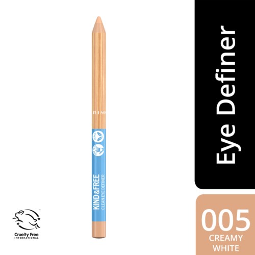 En beige blyant med blå etikett som sier 'Kind & Free'. Produktet er cruelty-free og heter Eye Definer i hvitt og nummer 005.