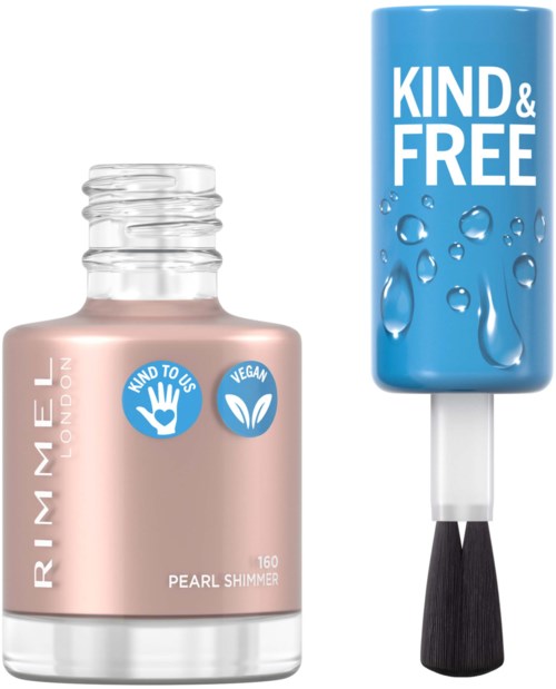 Een nagellakfles met 'Pearl Shimmer' naast een blauw product met 'Kind & Free', mogelijk een lipstick of balsem.