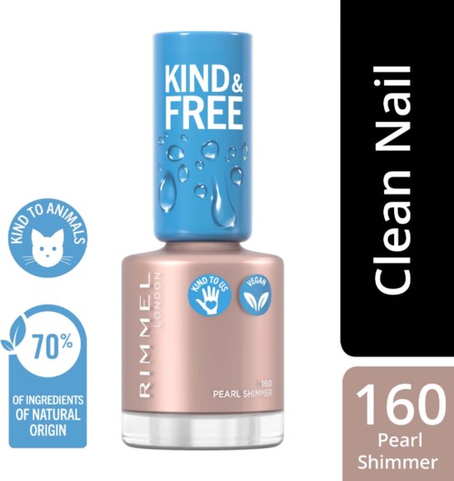 Nagellakfles met 'Kind & Free' label, waterdruppels, vegan en natuurlijk, 70% biologisch, en een 'Clean Nail'-label.