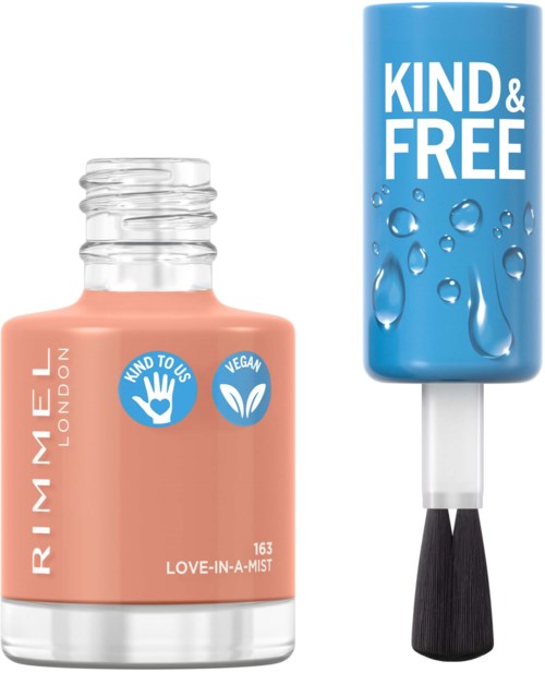 Nagellak en een op water gebaseerde vochtinstructie met 'Kind & Free' erop en blauwe dop. Beide zijn veganistisch en mild.