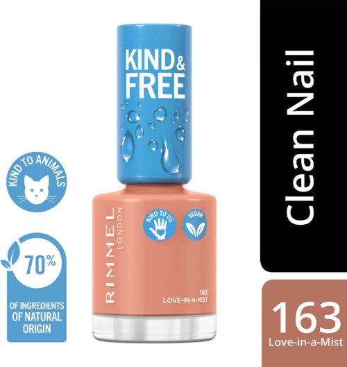 Nagellakfles met 'KIND & FREE' label, blauwe dop, perzikkleurige lak, milieuvriendelijke symbolen, nummer 163.