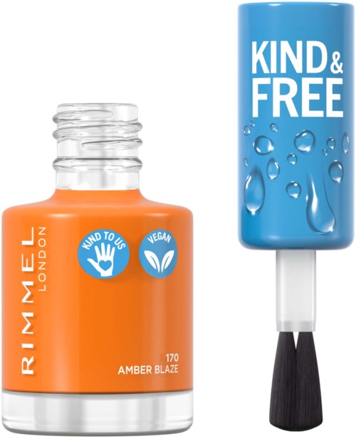 Een nagellak fles met 'Amber Blaze' en een blauwe lippenbalsem met 'Kind & Free'.