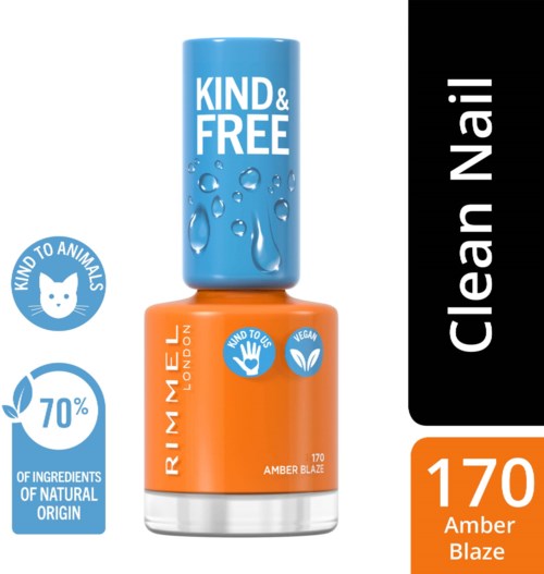 Nagellakfles met label 'KIND & FREE', oranje kleur genaamd Amber Blaze, met iconen voor natuurlijke ingrediënten en 70% ingrediënten uit natuurlijke bronnen.