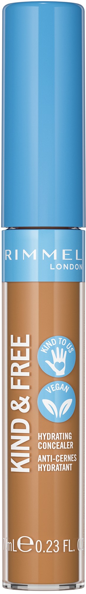 En beige concealer-pinne med blå lokk, merket 'Kind & Free' av Rimmel London, som skal dekke ujevnheter.
