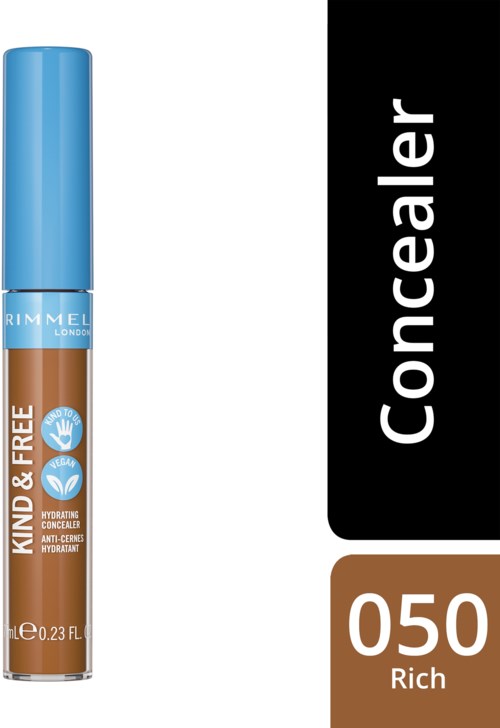 En concealér-stift med blå hette, merket 'Rimmel London' og 'Kind & Free', i nyansen 050 Rich.