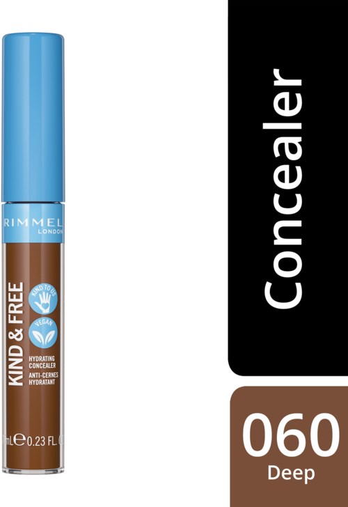 Leppenkonkealer-stift merket 'Deep 060' med blå hette og merke 'Rimmel London'.