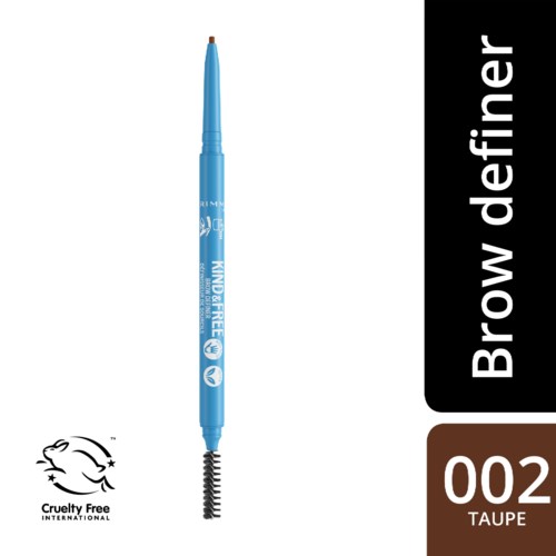 Ein blauer Augenbrauenstift mit Spiralende zum Vermengen und einer kleinen Bürste am Ende, beschriftet 'Brow definer'.