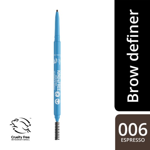 Ein blauer Augenbrauenstift mit Bürstchen, beschriftet 'Brow definer' und '006 Espresso'.