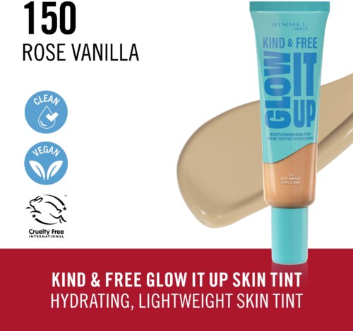 A blue tube of skin tint with beige product swatch, labeled Rimmel, vegan, cruelty-free, for glowing, hydrated skin.