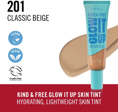 A tube of Rimmel Glow It Up skin tint in classic beige, with icons for clean, vegan, cruelty-free, and hydrating qualities.
