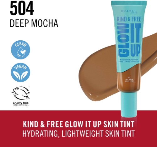 A blue tube of skin tint called 'Glow It Up' by Rimmel with a brown swatch beside it.