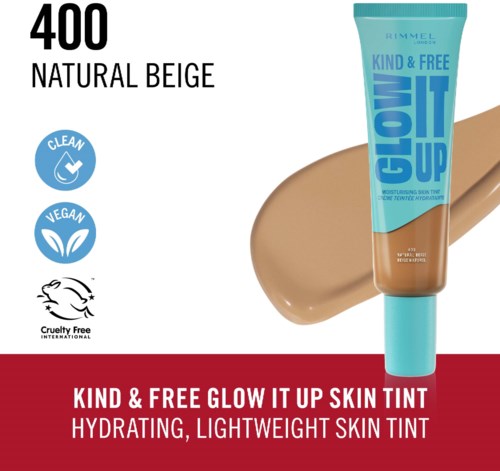 A tube of foundation on a box with labels for natural beige, vegan, cruelty-free, and skin tint benefits.