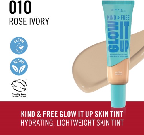 Tube of skin tint with blue and beige packaging, labeled 'Glow It Up,' and a swatch of the product behind it.