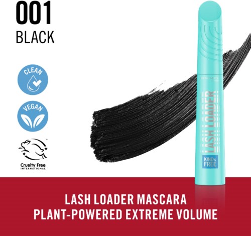 Turkoosi ripsiväritölkki mustalla ripsiväritilkalla, nimeltä Lash Loader Mascara, vegaaninen ja cruelty-free.