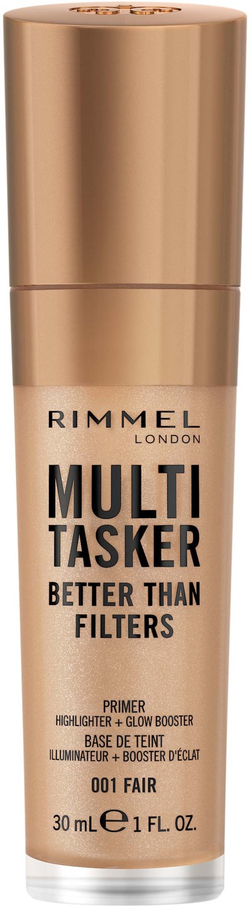 Beige- ja kultainen pullo Rimmel London Multi Tasker primerilla, jossa lukee "Better Than Filters".