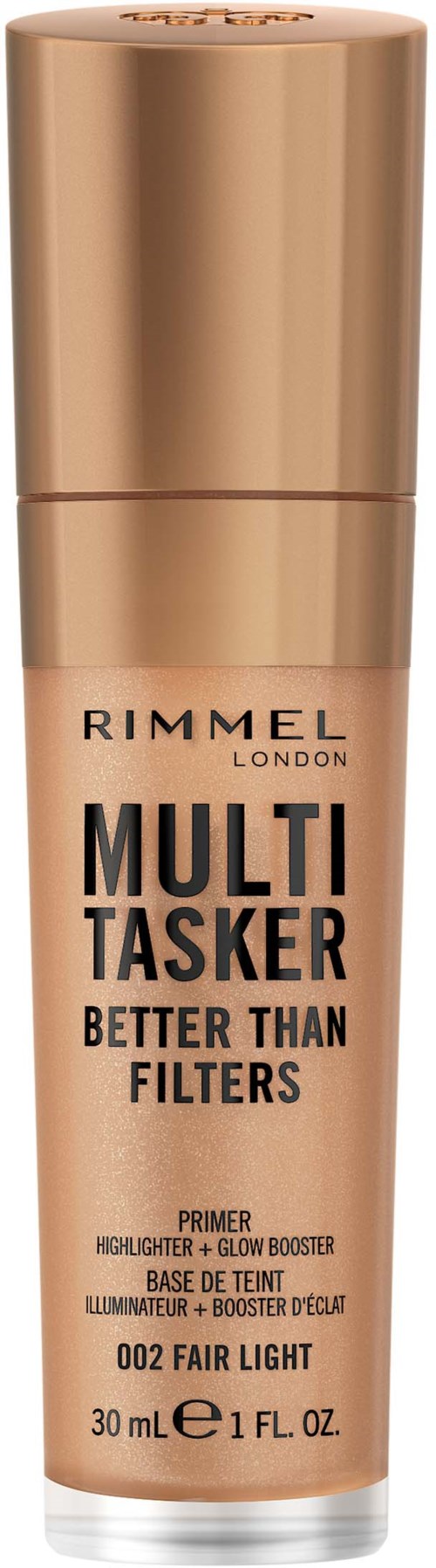 Eine Flasche Rimmel London Multi-Tasker Primer in Fair Light Farbton. Goldene und transparente Verpackung mit Produktdetails.