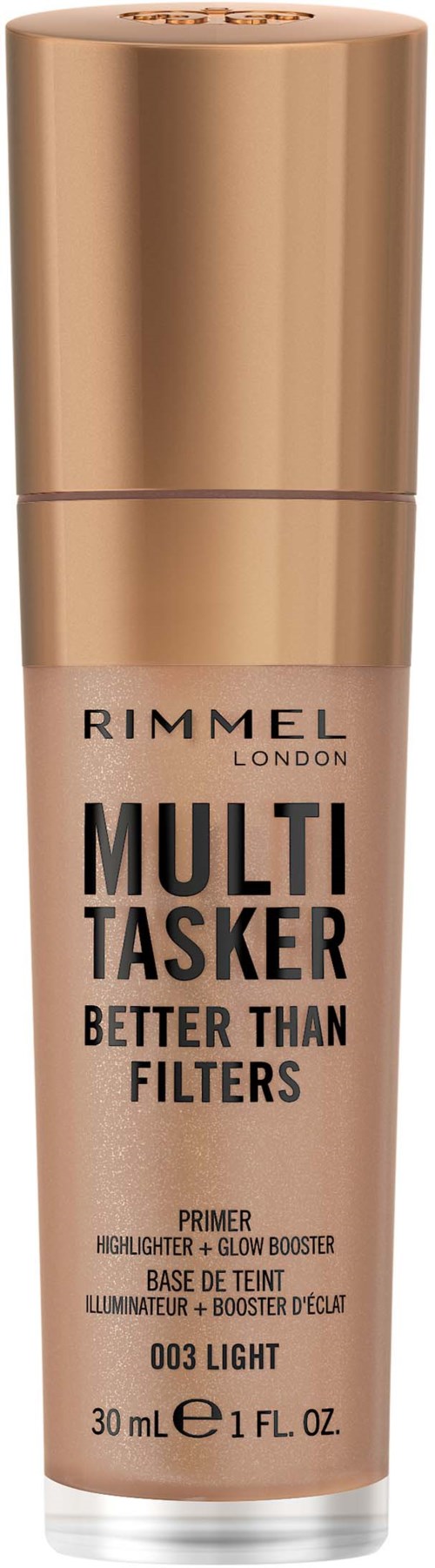 Butelka Rimmel London Multi Tasker podkład, jasnobeżowy z złotą nakrętką, opisuje funkcje i odcień na etykiecie.