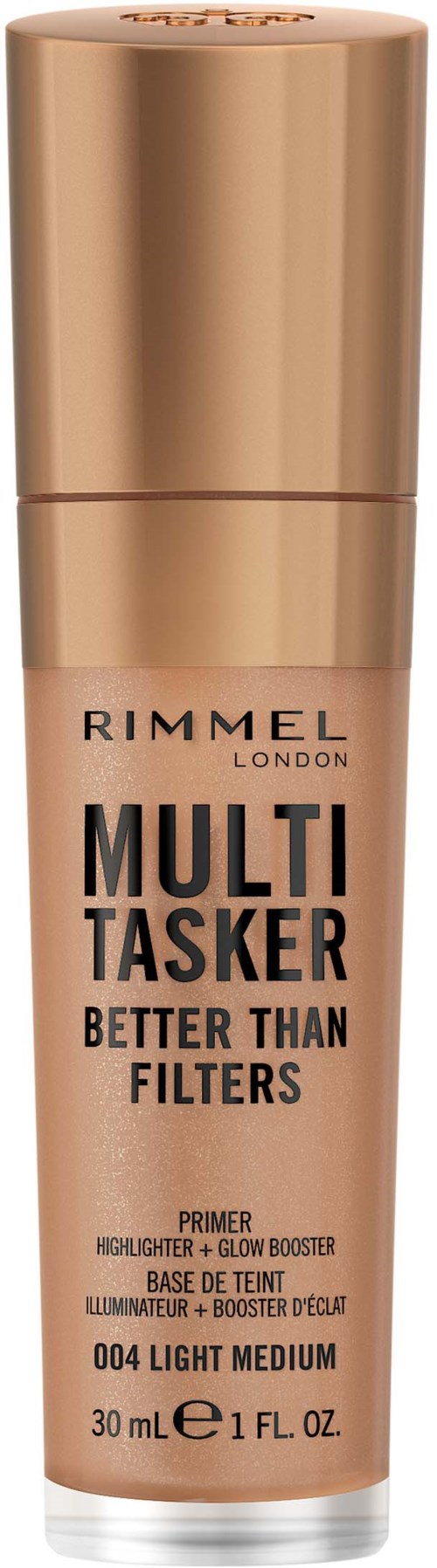 Butelka Rimmel London Multi Tasker primer do jasnej średniej karnacji z efektem glow.