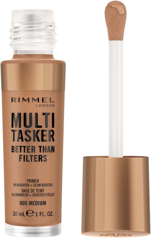 Butelka Rimmel London Multi-Tasker Primer z gąbkowym aplikatorem i złotą nakrętką.
