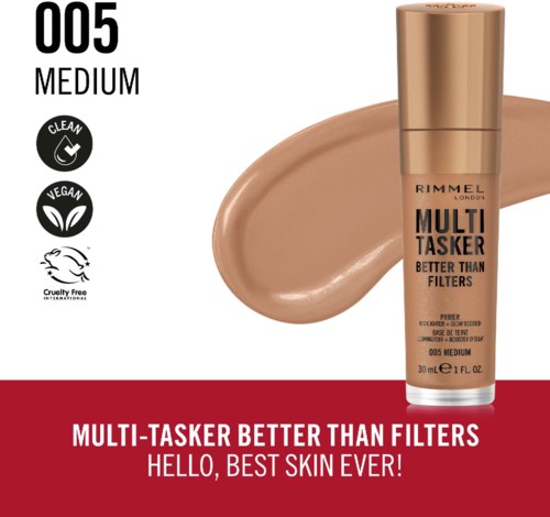 Butelka podkładu oznaczona '005 Medium', z próbą koloru i tekstem o byciu wegańskim, cruelty-free i lepszym niż filtry.